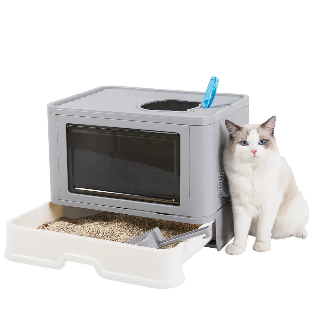 Lettiera per Gatti Chiusa, Smontabile e Pieghevole, con Ingresso Frontale e Uscita Superiore, con Cassetto Raccogli Lettiera e Paletta Massaggiante