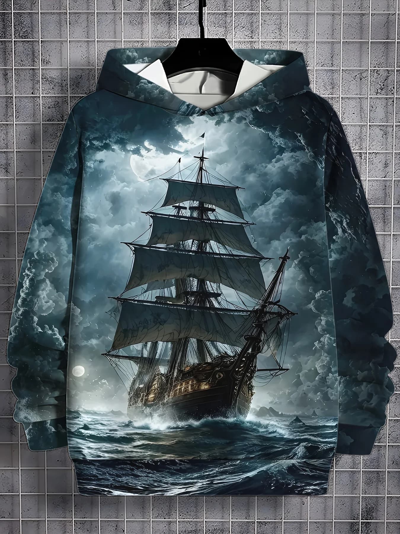 Men 3D Full Print Hoodie Vintage Sailing Ship Ocean Wave Graphic Pullover Drawstring Long Sleeve Street Sweatshirt