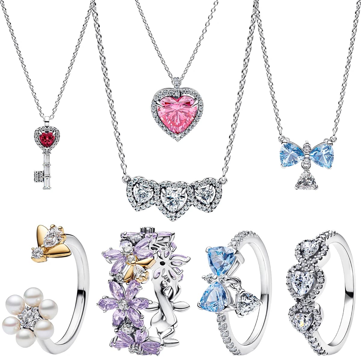 Pink Heart Blue Bow Key Pendent Necklace 925 Silver Shiny Diamond Gem Adjustable Chain Flower Rings Earrings Fine Jewelry Set