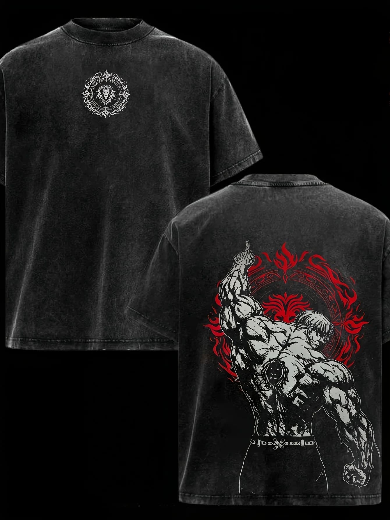 Men's Y2K Retro Washed Black Print T-Shirt - Short Sleeve Muscle Warrior Badge Year-Round