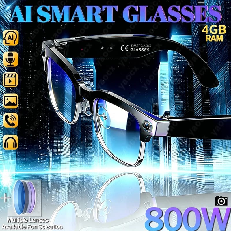 Occhiali Smart AI 4K con Fotocamera da 8MP, Registrazione Video, Riconoscimento Foto, Traduzione, Chiamate BT, Lenti Fotocromatiche, Impermeabili
