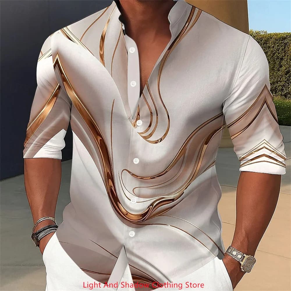 Camicia da uomo in marmo astratto con arte liquida, colletto alla coreana, camicia da festa comoda quotidiana, casual, per le vacanze all'aria aperta