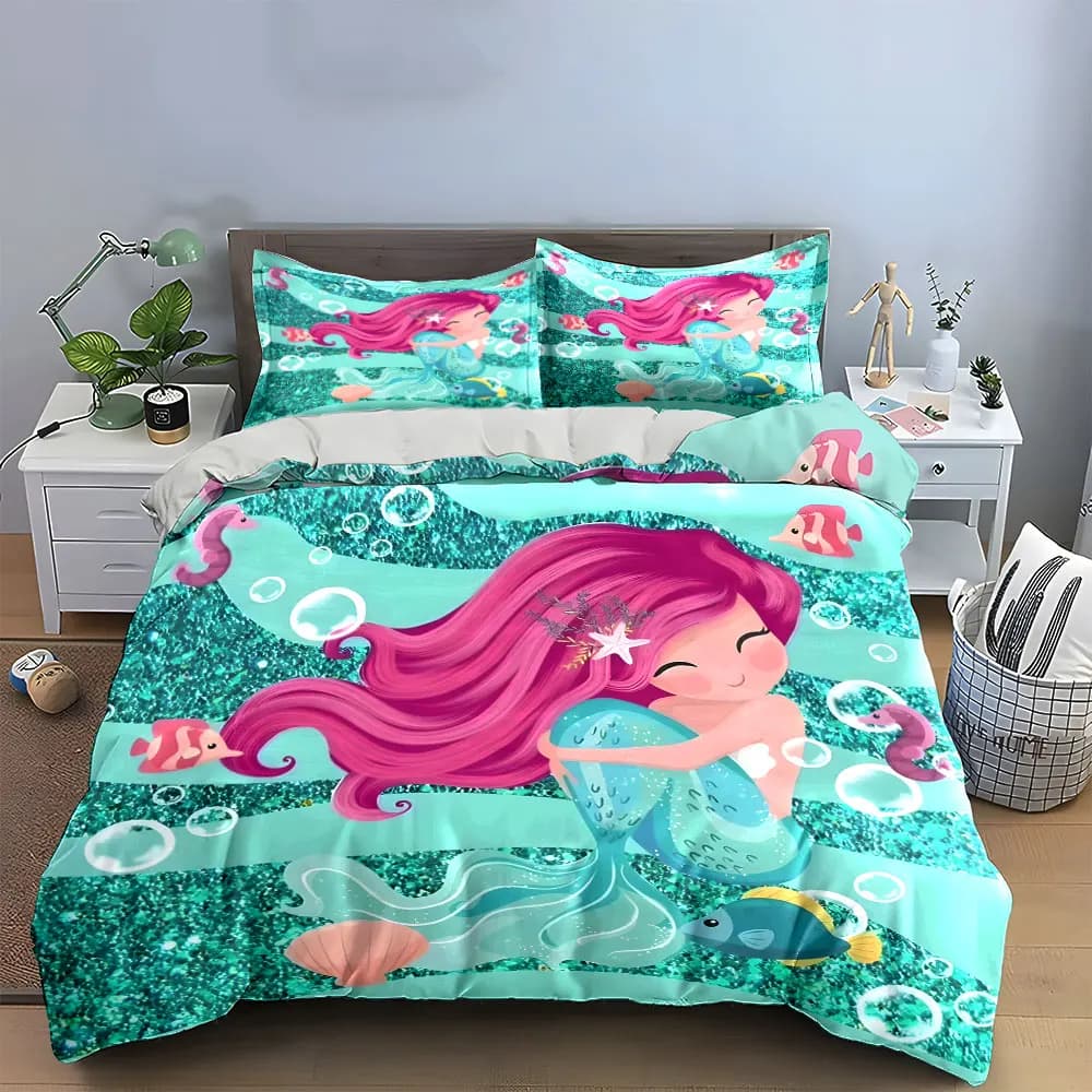 Set decorativo a tema sirena, set biancheria da letto con 1 copripiumino, 2 federe, singolo, matrimoniale, king, queen, regalo