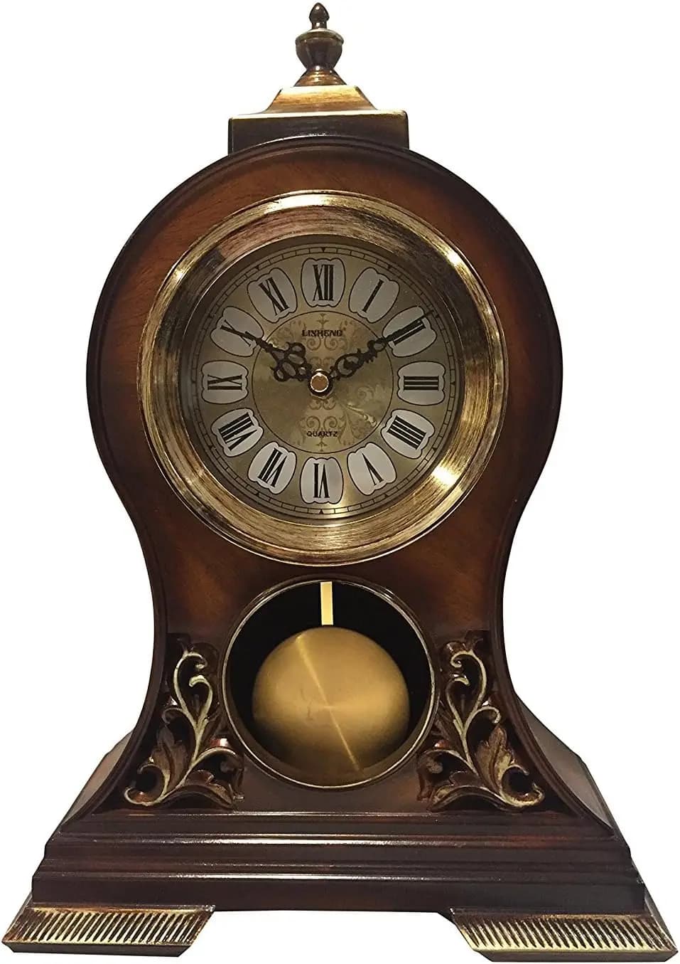 Elegante orologio da mensola in legno dipinto a mano con pendolo oscillante, finitura in mogano per scrivania o ripiano