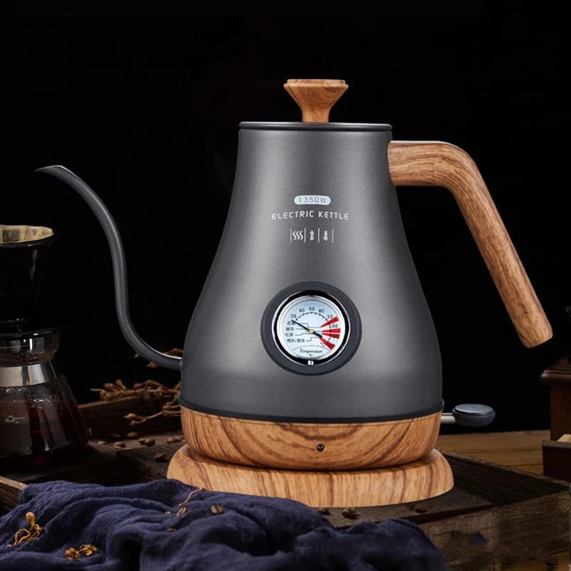 Electric kettle 220V 1L Stainless steel 304 Swan neck spout Pour coffee maker Thin teapot with Protable thermometer for domestic use