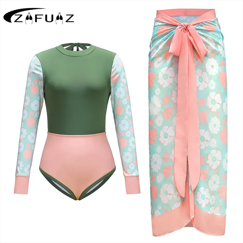 Sexy Print Long Sleeve Zip Front One Piece Swimsuit and Sarong 2025 Sexy Backless Beachwear Monokini Rashguard Bathing Suit