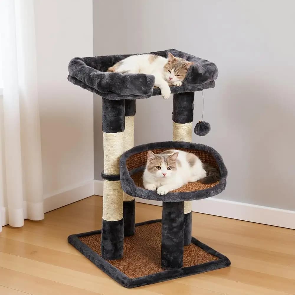 Albero per Gatti Multi-Livello con Doppio Letto e Tiragraffi, Torre per Gatti di 68 cm per Gatti Grandi e Gattini, Piccola Torre da Arrampicata con