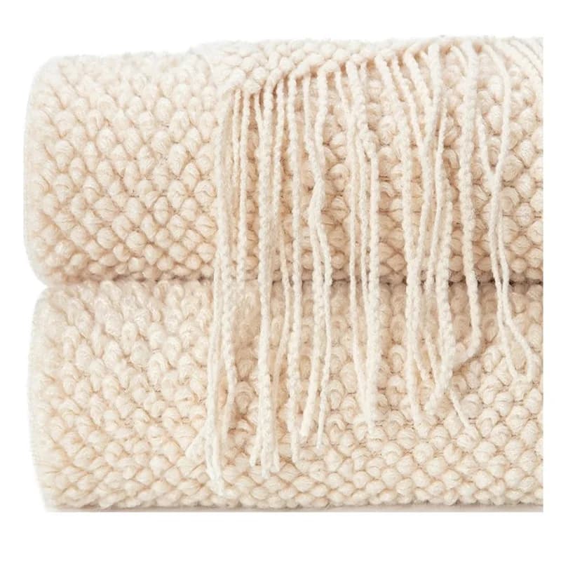 Coperta Decorativa Oversize in Maglia Bianca Crema, Morbida e Texturizzata, con Nappe, per Divano, Stile Rustico e Accogliente