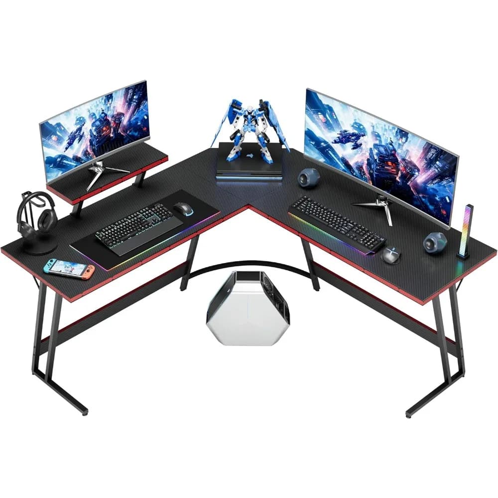 L-shaped gaming desk with monitor support, large surface for PC configuration, 51 inch black workstation for home office