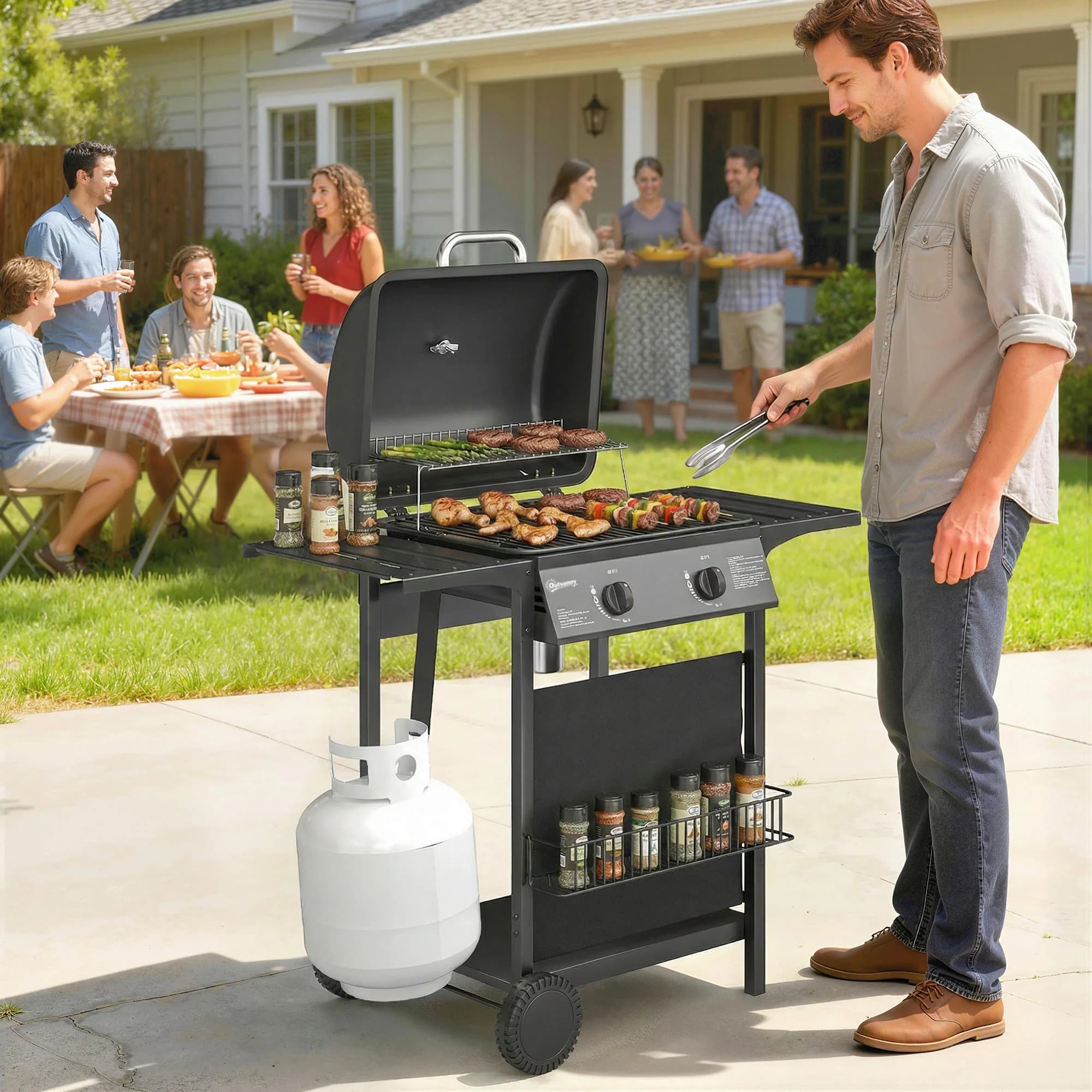 Griglia a Gas Propano a 2 Bruciatori, Barbecue da 18000 BTU con Ruote, Griglia di Riscaldamento, Ripiano, Termometro, Contenitore per Grasso, Nero