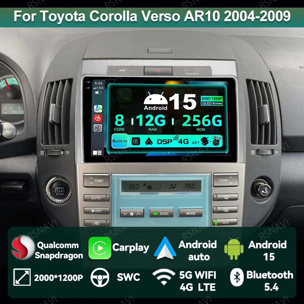 Autoradio Android 15 Per Toyota Corolla Verso AR10 2004-2009 DSP 4G LTE Viedo Lettore Qualcomm Navigazione GPS Autoradio 5G WIFI