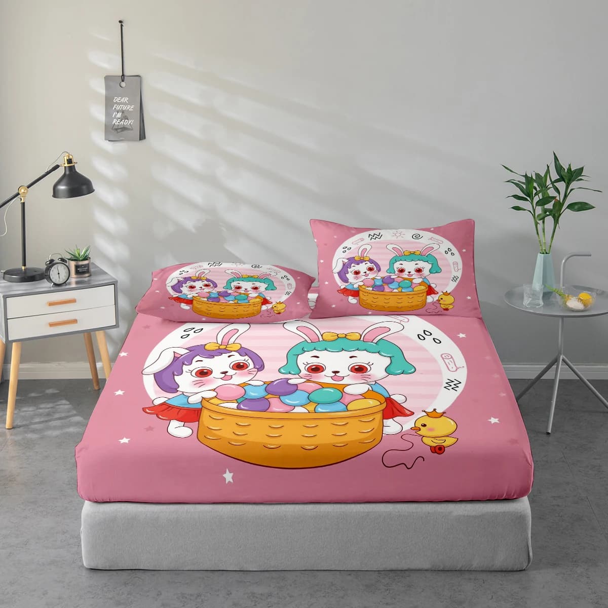 Set di lenzuola con stampa di coniglietti dai capelli viola e blu, proteggi materasso e federa combinati, set di lenzuola stampate ad alta definizione include 1 lenzuolo + 1 o 2 federe (1 federa per 60*100cm e 2 federe per 72*132cm, le altre misure sono 2 federe), adatto per camera da letto e stanza degli ospiti, biancheria da letto in fibra di poliestere ultra morbida, lavabile in lavatrice, utilizzabile in tutte le stagioni