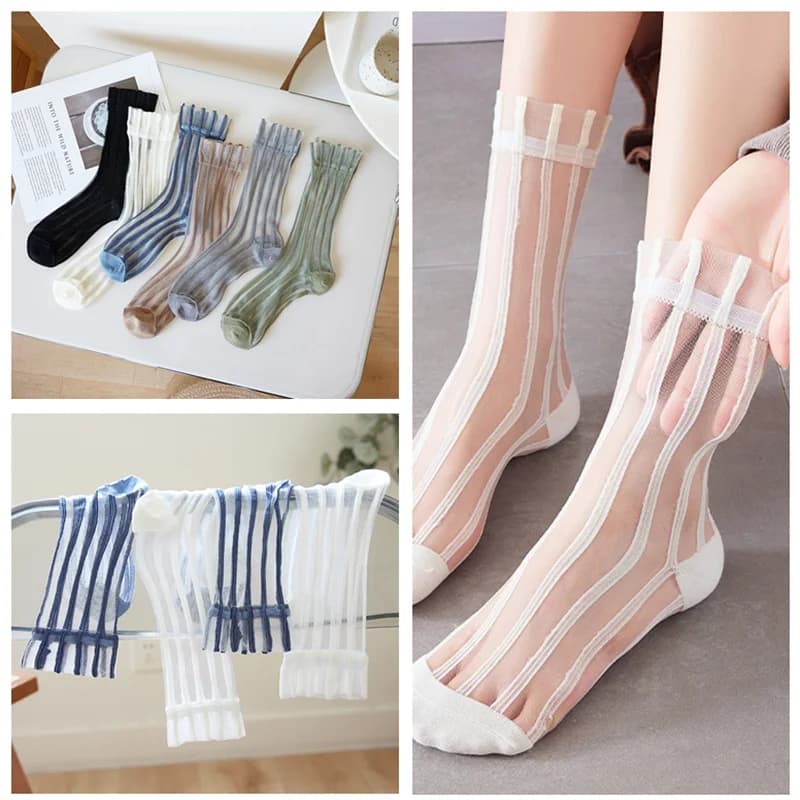 Calzini da donna ultrasottili estivi Calzini di seta di cristallo trasparente Calzini lunghi larghi in nylon Harajuku a righe moda coreana