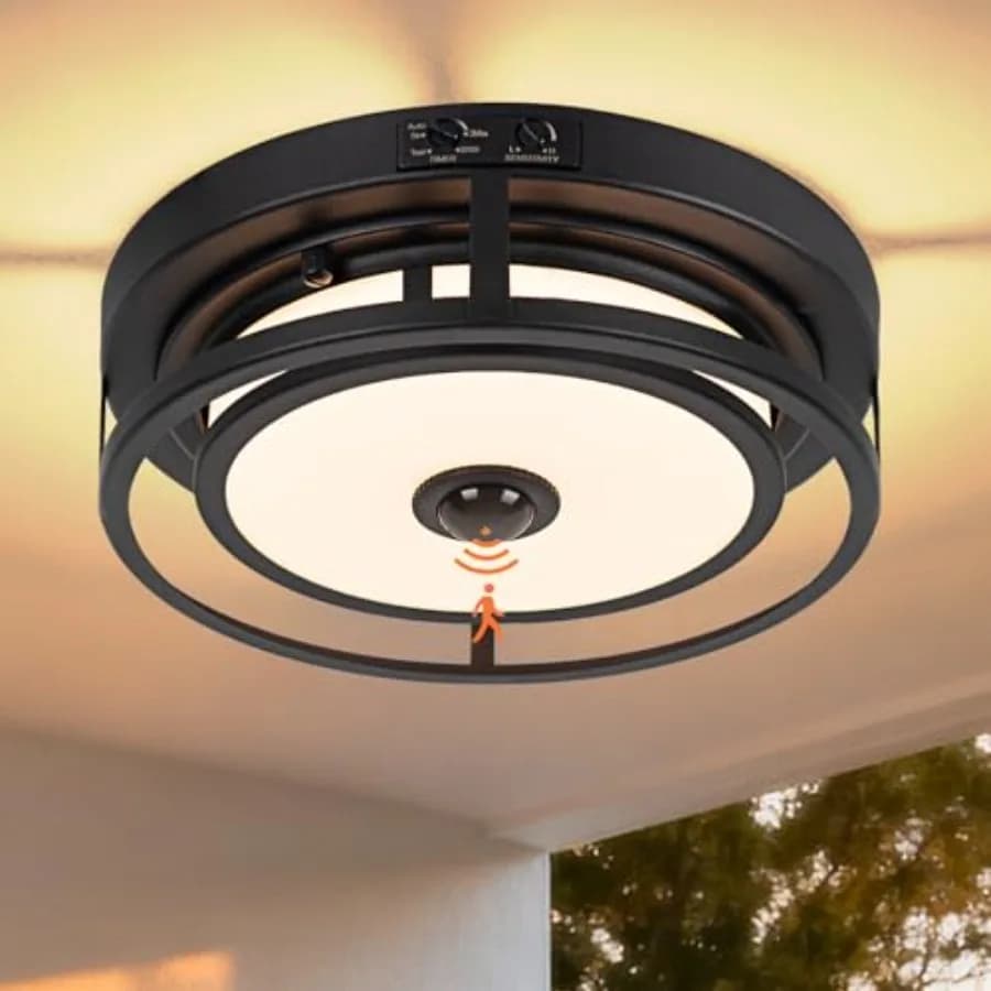 Plafoniera LED da Esterno con Sensore di Movimento 12 Pollici, Montaggio a Filo, 3CCT 3000-5000K, Illuminazione da Soffitto per Portico con Funzione Crepuscolare