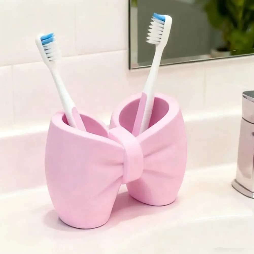 Portaspazzolino 3D Stampato, Portaspazzolino a Fiocco 3D Stampato, Organizzatore Multifunzionale Rosa e Bianco per il Bagno