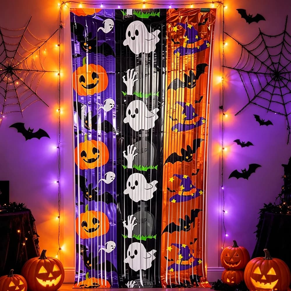Halloween Foil Fringe Curtain Bat Ghost Pumpkin Boo Printed Tinsel Curtain Halloween Door Backdrop Photo Booth Prop Party Decor
