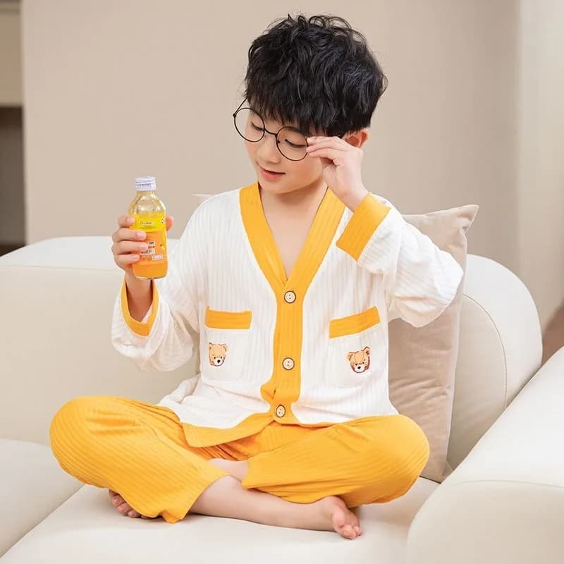 Men's Long Sleeved Light Pijama Set Spring Autumn Homewear Breathable Cotton Homewear for Kids Tween