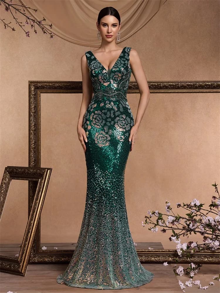 Elegant V-Neck Green Sequins Evening Dresses Long New Luxury Women Formal Mermaid Wedding Party Prom Cocktail Gowns
