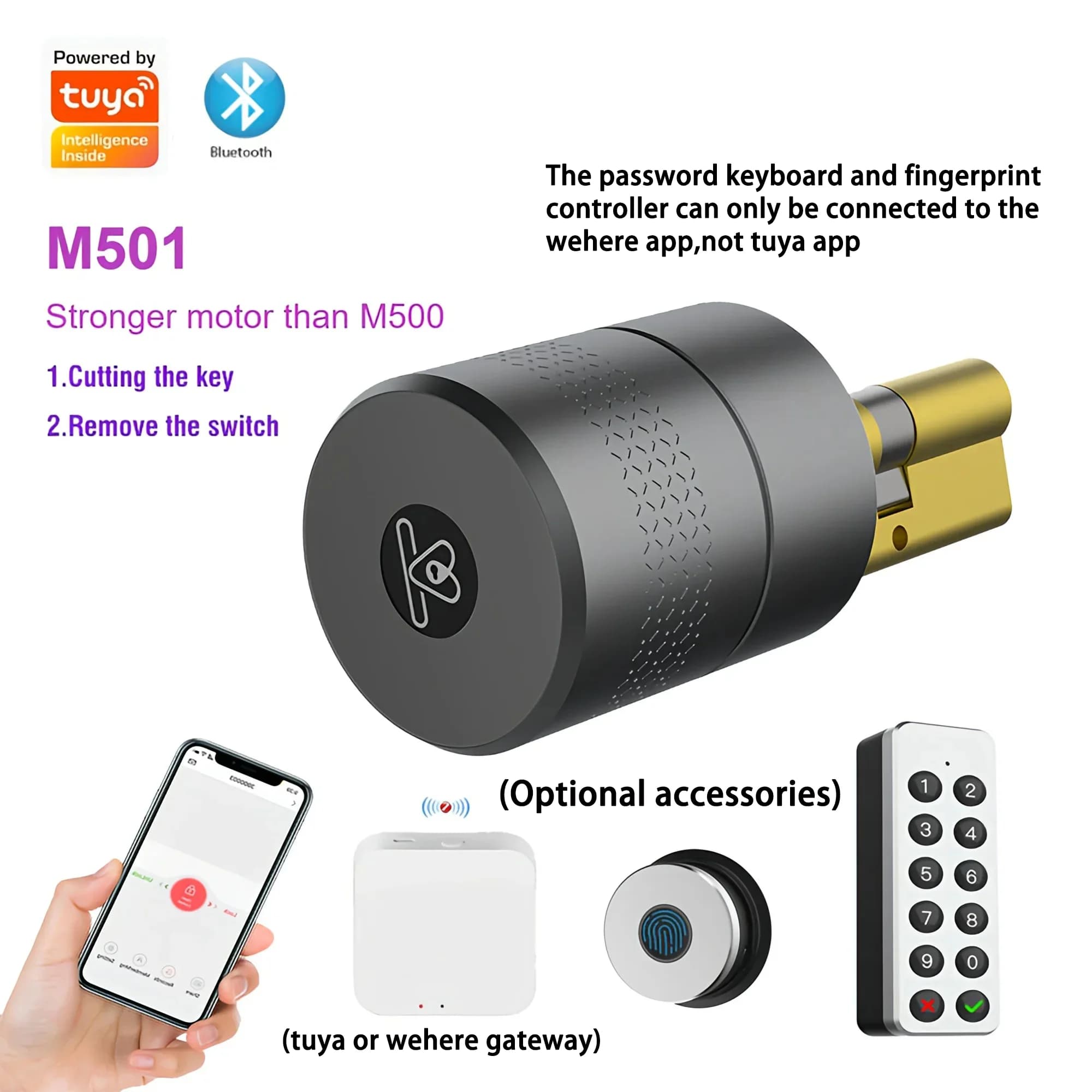 M501 Wehere Serratura Intelligente Tuya con Cilindro, Impronta Digitale e Bluetooth, Versione con Controllo Smartlife