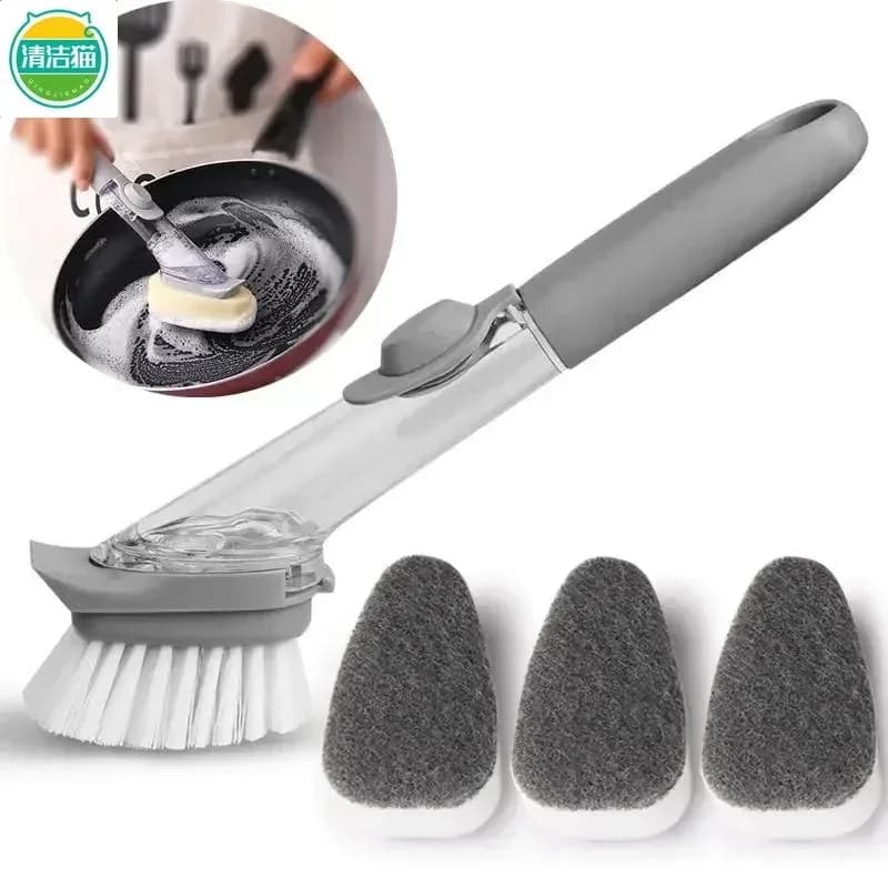 Refillable Liquid Cleaning Brush Kitchen Bowl Scrubber Cleaning Sponge Long Handle Dispenser Cleaner Tool with Dish Soap Washing