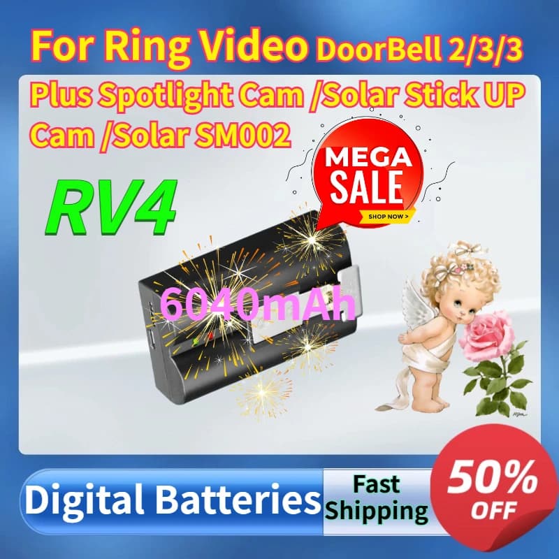 Batterie Digitali per Ring Video DoorBell 2/3/3 Plus, Spotlight Cam, Battery/Solar Stick UP Cam, Battery/Solar SM002 6040mAh RV4