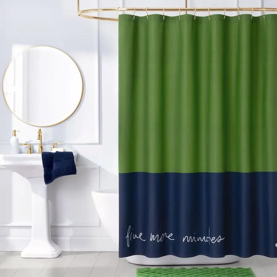 Tenda da doccia color block Five More Minutes, 72 x 72 pollici, realizzata in cotone 100%, lavabile in lavatrice, tenda da doccia blu e verde