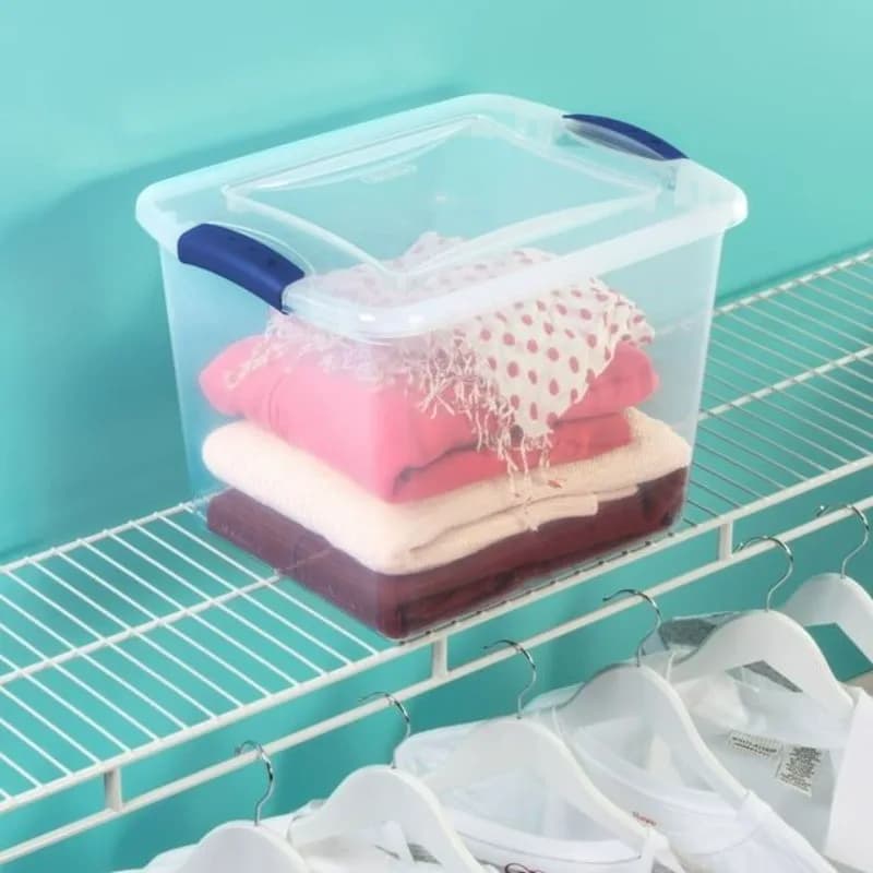 Set of 4 Transparent Plastic Containers from 27 Quarts with Closing Cover, Blue Home Organizer, Stackable Container