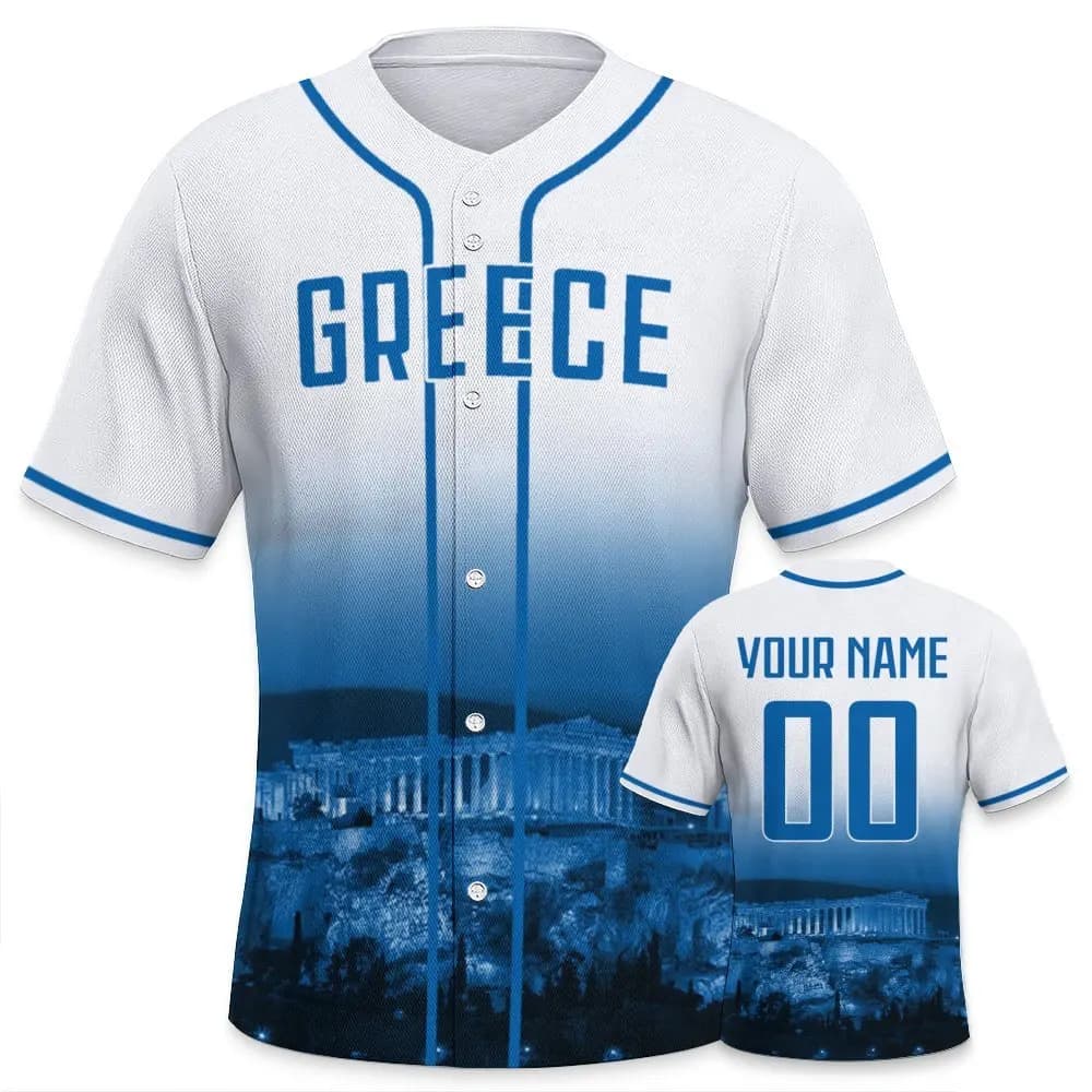 Maglia da baseball personalizzata Grecia con skyline della città, nome e numero personalizzabili, per uomo, donna, ragazzo e bambino