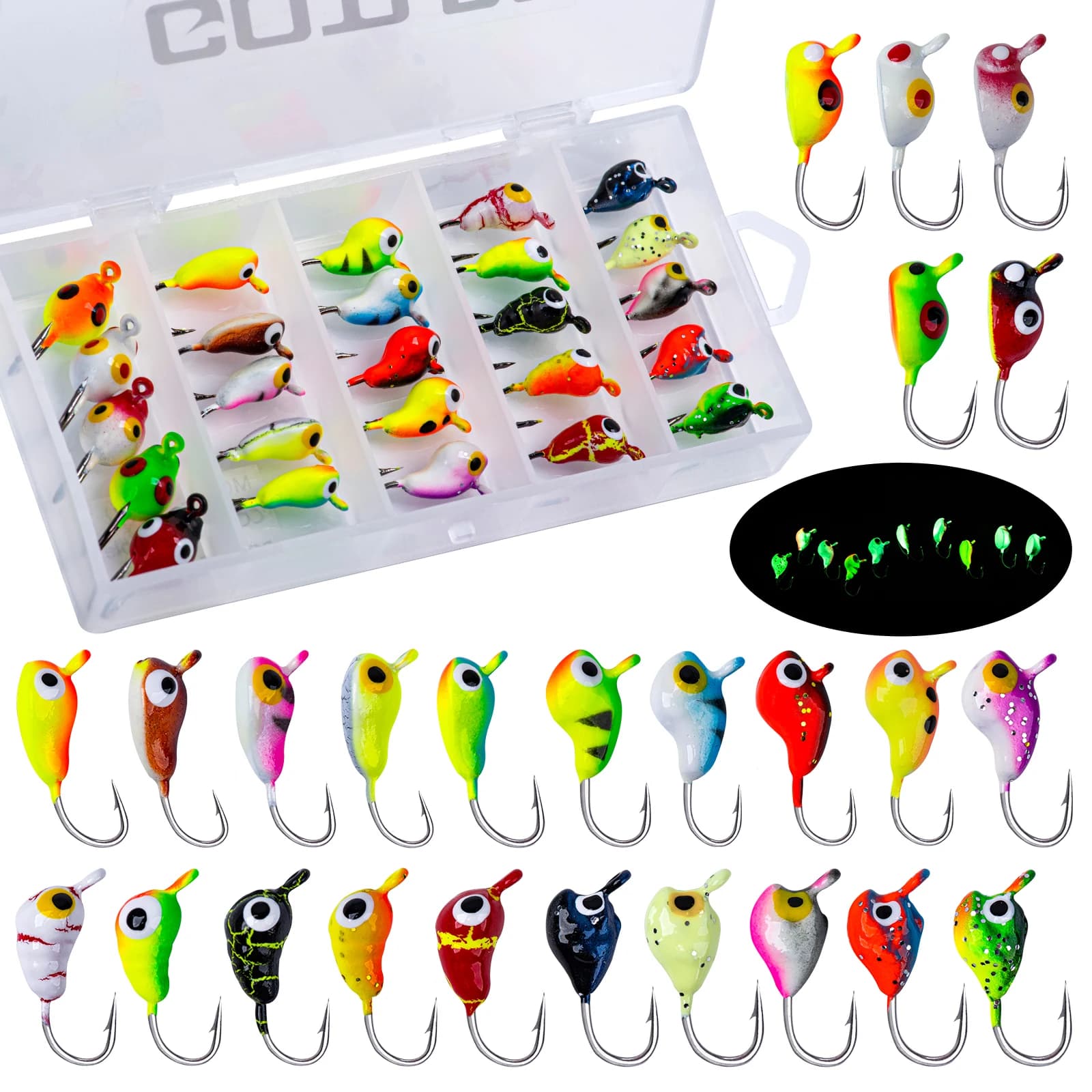 Goture 25/12 pz/lotto Maschere di Pesca sul Ghiaccio Set 1.5g 2g Luminoso con Azioni di Nuotata Vivide Jig Bonic Set di Richiamo per la Pesca Panish Invernale