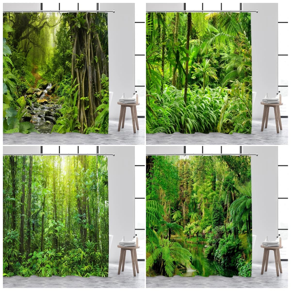 Tropical Jungle Shower Curtain Natural Rainforest Green Plant Trees Forest Landscape Wall Hanging Fabric Bathroom Decor Curtains