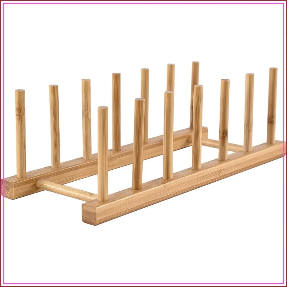 Bamboo Dish Rack Vertical Plate & Lid Organizer for Kitchen Cabinet Countertop Drying Stand for Plates Cutting Boards 6 Slots
