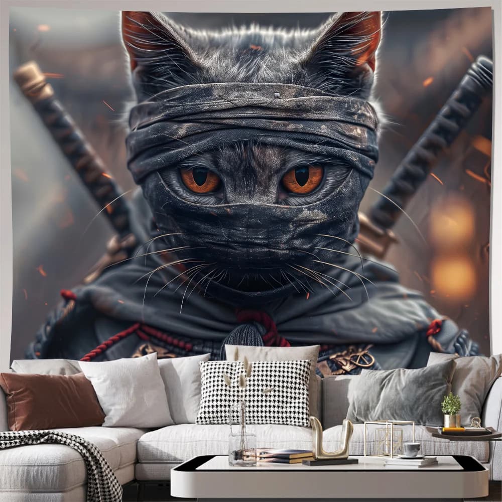 Dark Aesthetic Samurai Cat Warrior Tapestry Wall Hanging Anime Swords Decor Man Cave Room Gothic Pop Culture Poster Art