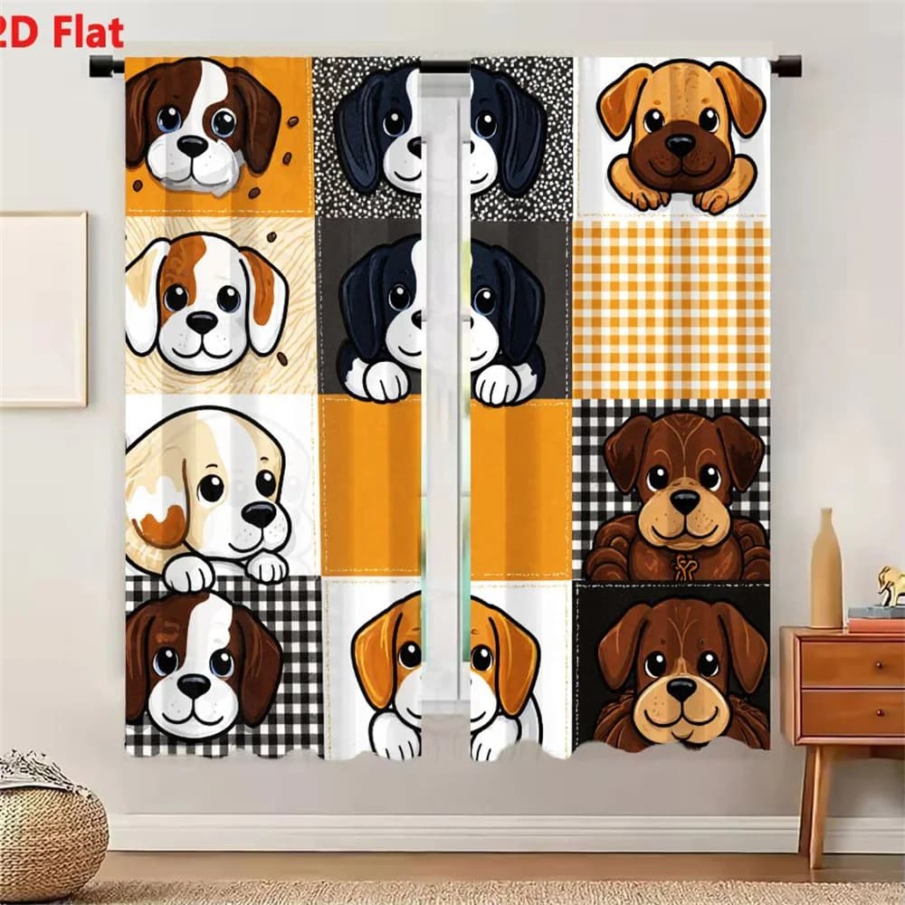 2Pcs Curtains 2D Flat Nine Cartoon Puppies Illustration Grid With Coffee Bean Dotted Checkered Backgrounds Whimsical Playful Dog