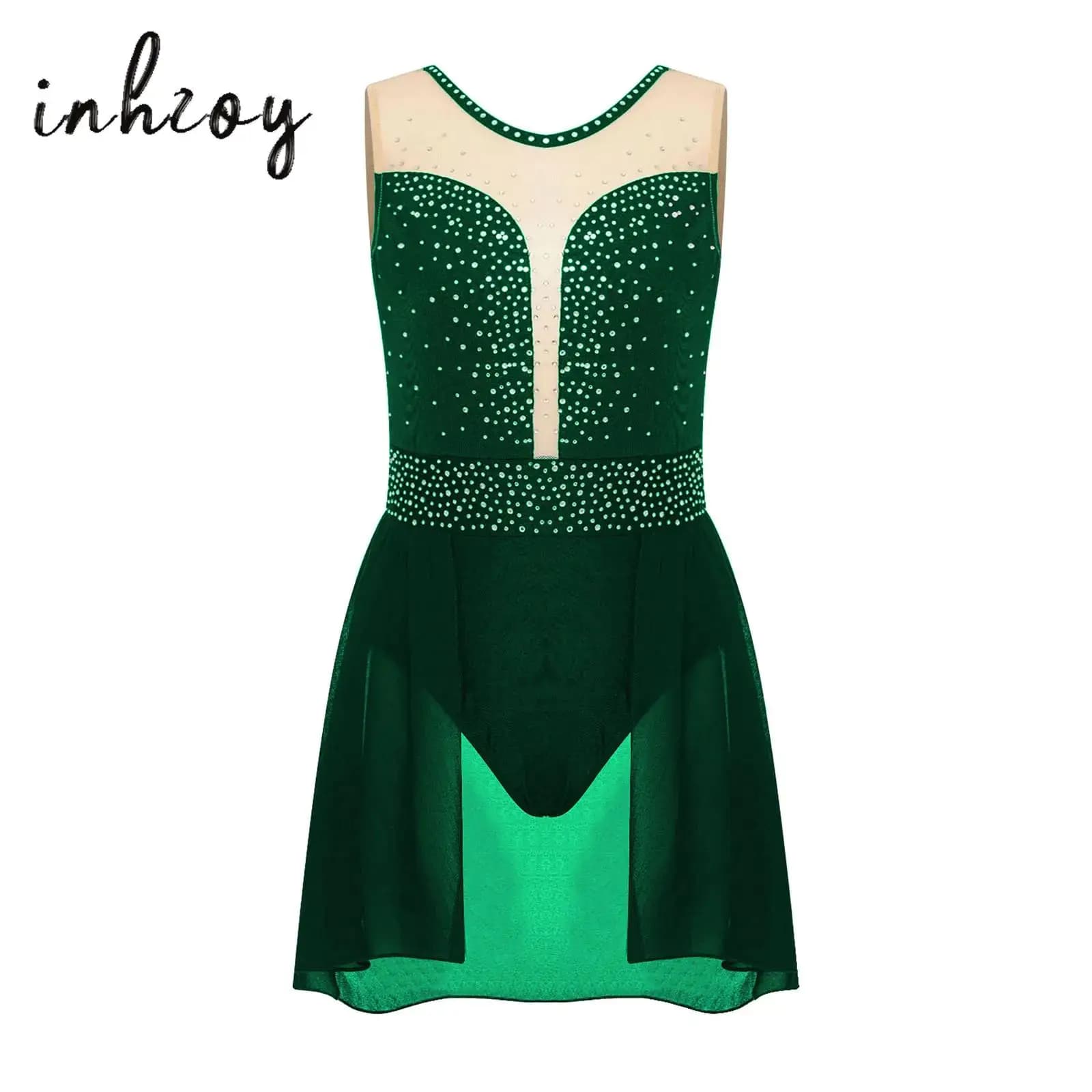 Costume da spettacolo di danza lirica per bambina, senza maniche, con strass, body, balletto, tutu, ginnastica, pattinaggio di figura, abbigliamento da ballo