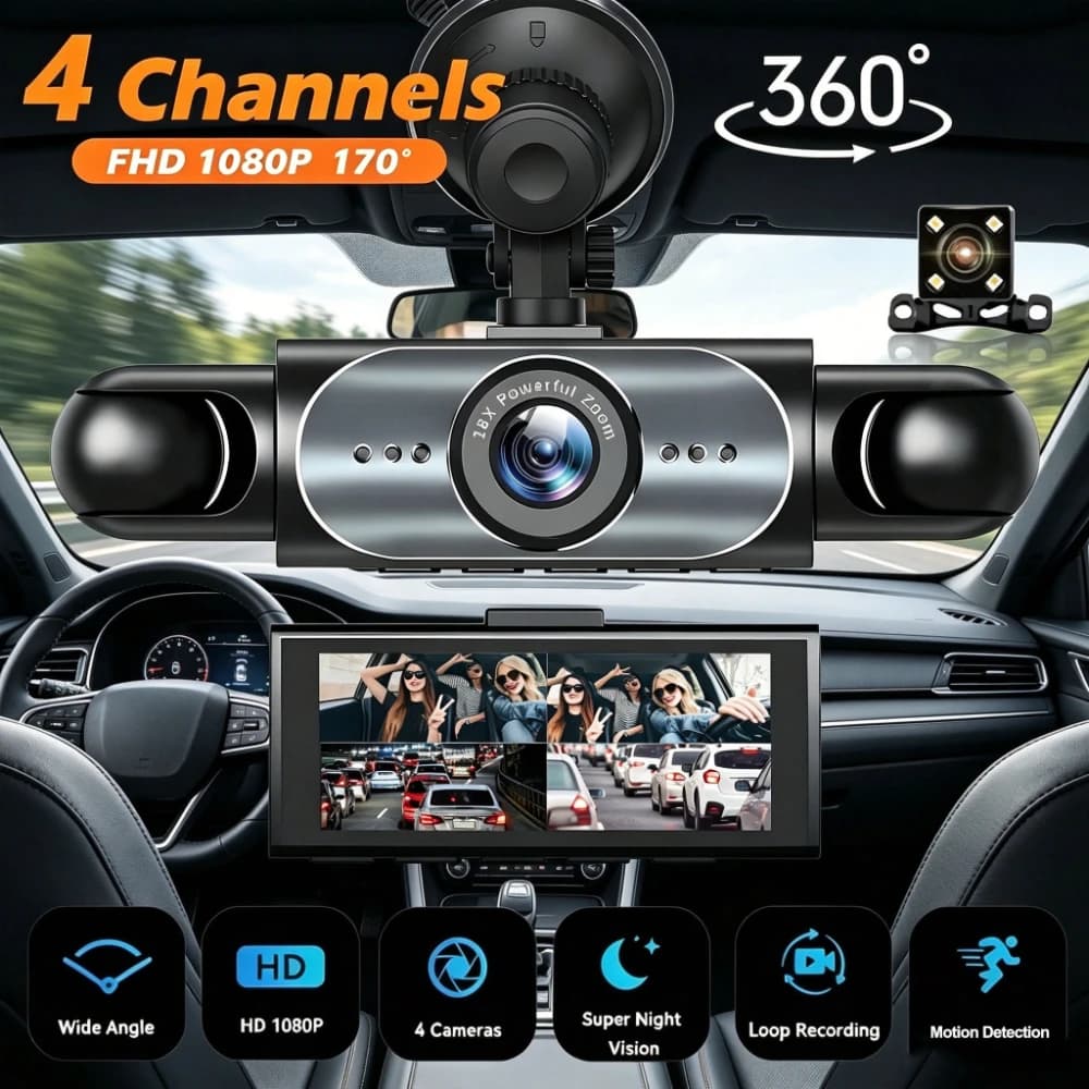 Dash Cam 4 Channel 360° Car Video Recorder Black Box with Night Vision 24/7 Parking Monitor G-Sensor Loop Recording Auto Parts