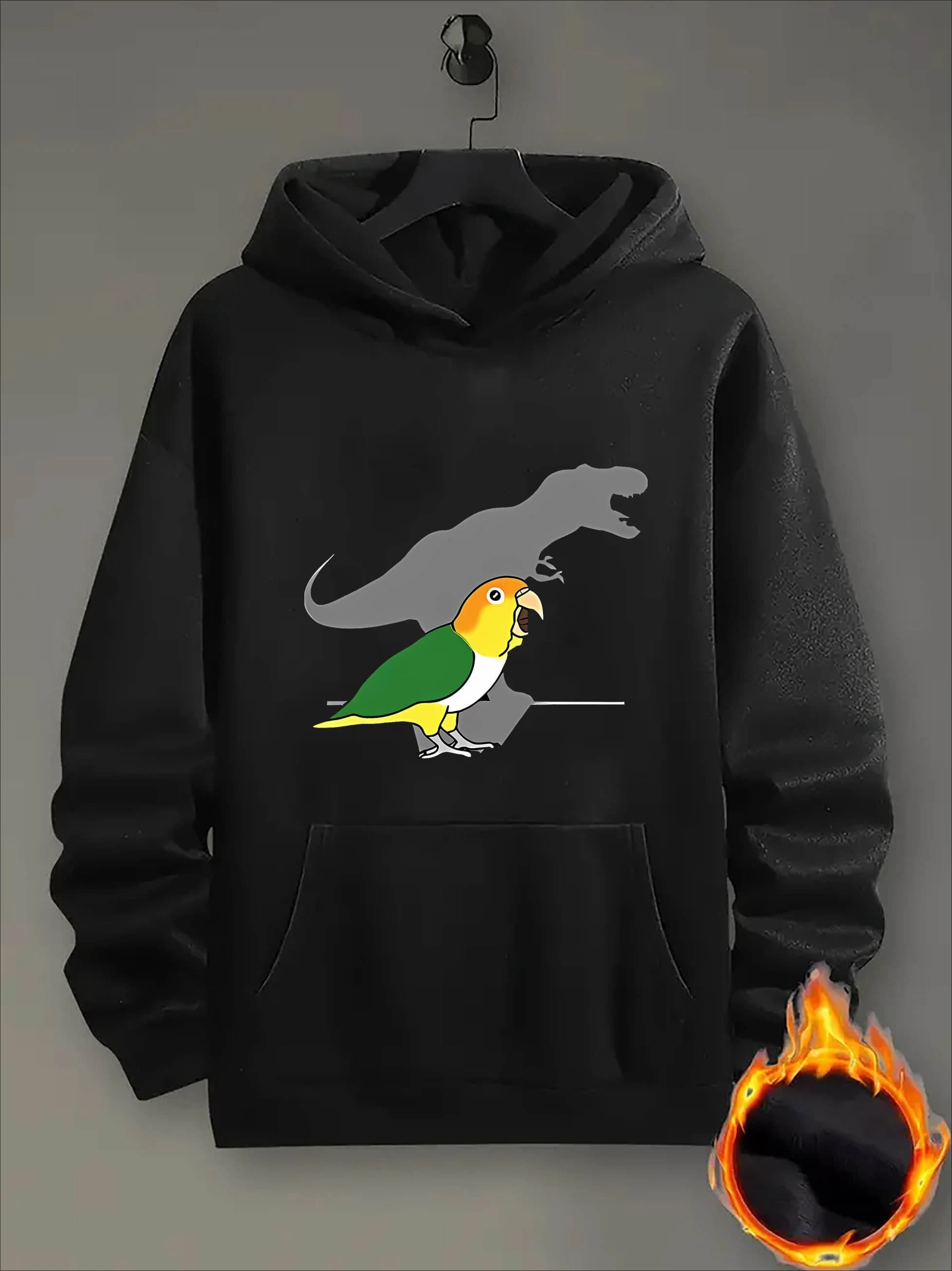 Felpa con cappuccio Parrot & Dinosaur da uomo - Tasca a marsupio, ampia, autunno-inverno