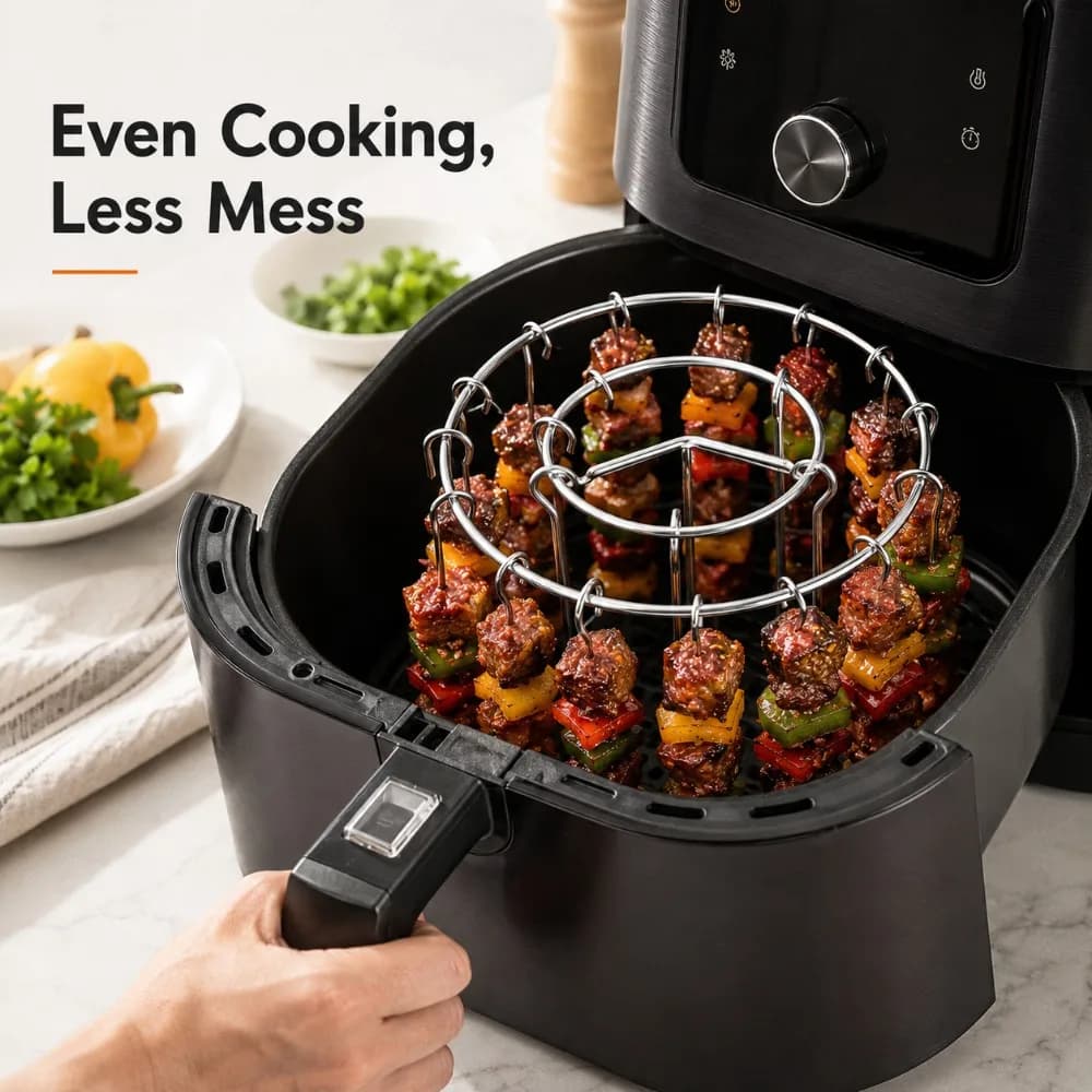 Vertical Stainless Steel Barbecue Skewer Holder Round Grill Rack with Hanging Skewers for Air Fryer BBQ Oven Kitchen Tool