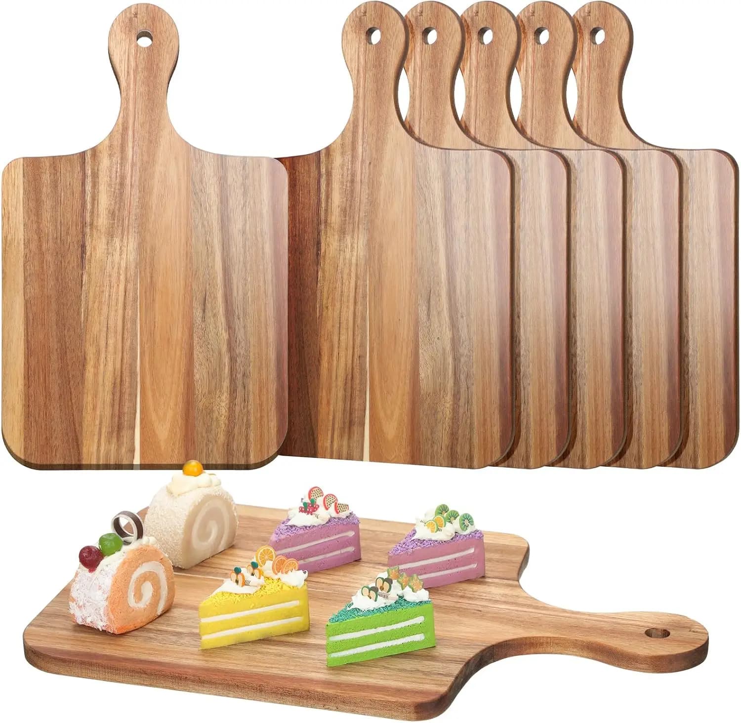 6 Pcs Acacia Wood Cutting Board with Handle, 16x10 Inch Thicken Chopping Block for Kitchen, Serving Tray for Charcuterie, Cheese, Engraving Wedding Housewarming