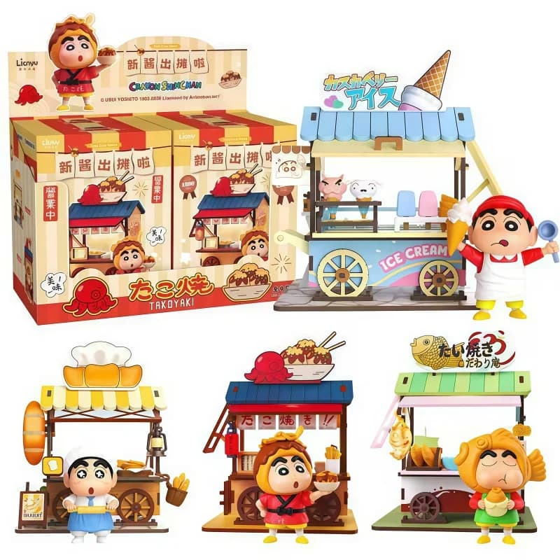 Crayon Shin-chan Food Cart Blind Box Glowing Ice Cream Takoyaki Desktop Ornament Scene Figure Toys Collectible Model Kids Gifts