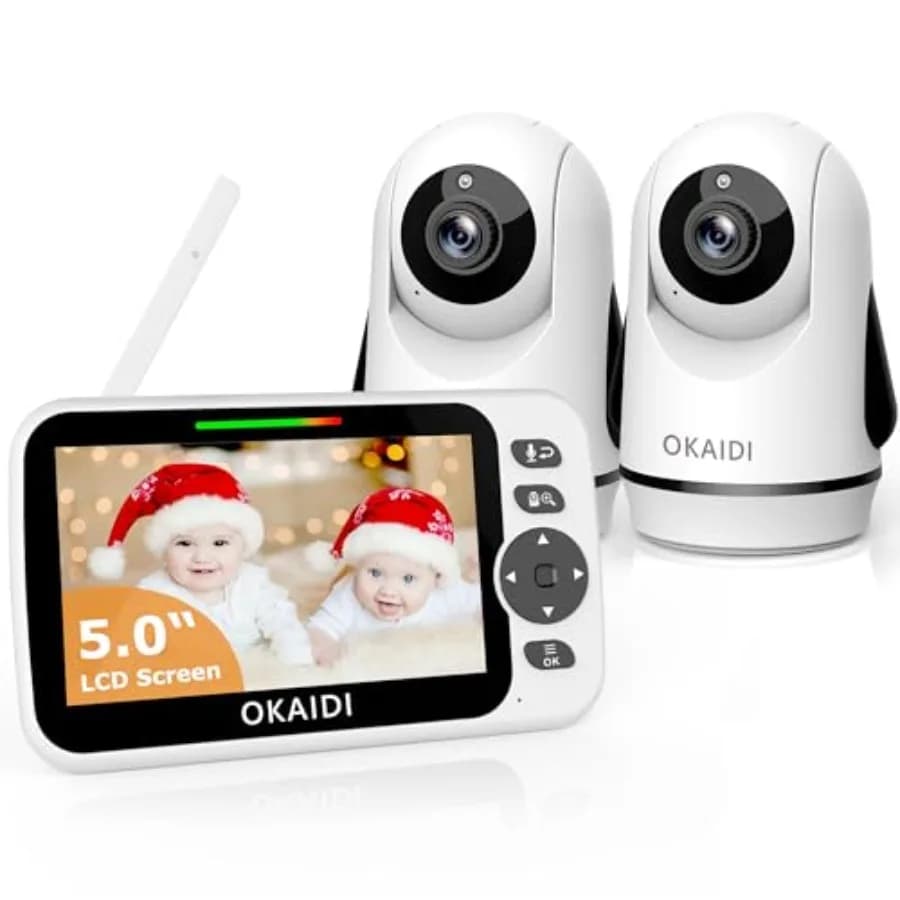 Monitor Video per Bambini OKAIDI con 2 Telecamere, Display da 5 Pollici, Senza WiFi, Batteria da 30 Ore, Portata di 300 Metri, Telecamera per Bambini con Funzione Pan-Tilt-Zoom e Comunicazione Bidirezionale