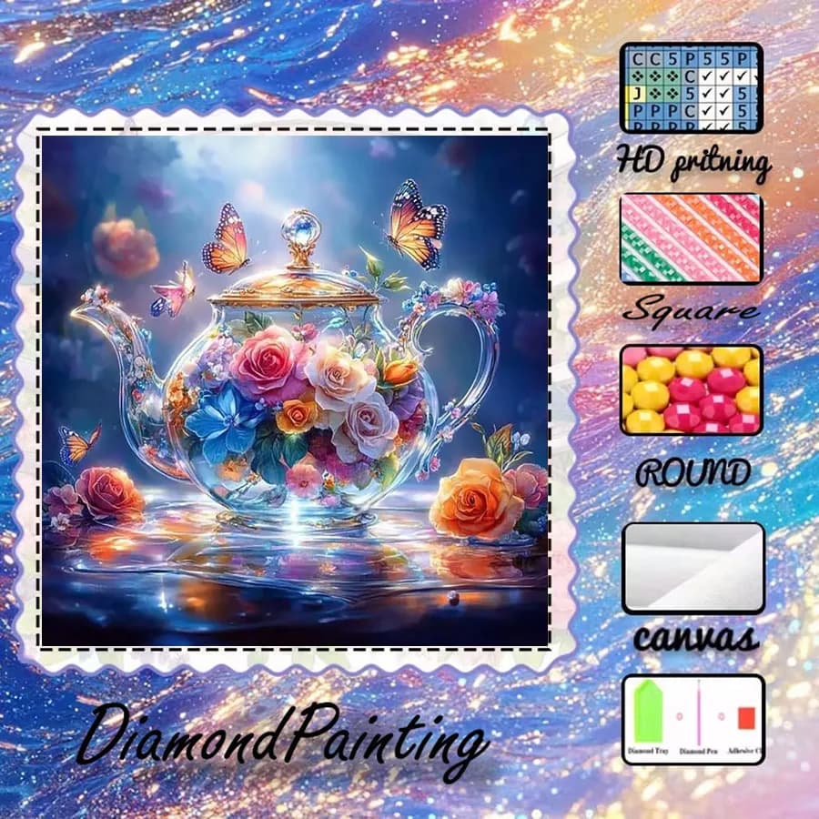 1 pezzo - 5D-DIY - Tessuto floccato - Trapano speciale - Set per pittura con diamanti - Teiera, fiore - Mosaico - Arte con diamanti