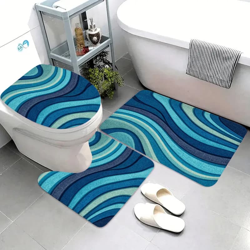 Set di 3 Tappetini da Bagno in Flanella con Motivo a Onde, Antiscivolo e Assorbenti, per Bagno, Cucina, Doccia, Lavabili, Decorazione Casa