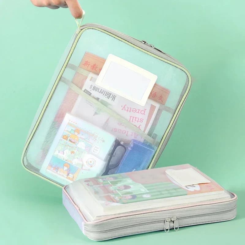 A4 Clear Mesh Zipper Document Bag L Shaped File Folder Portable Exam Organizer with Handle Book Storage Pouch for Students