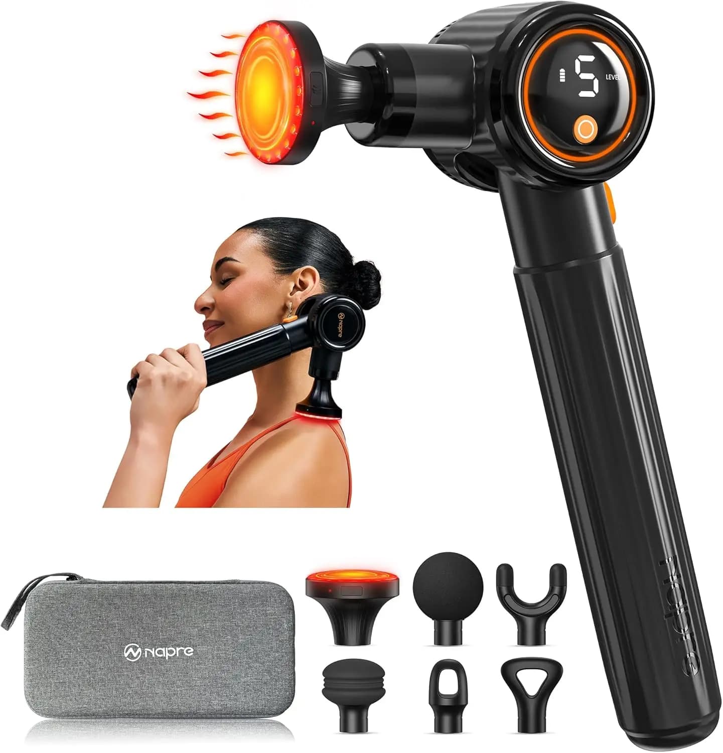Pistola massaggiante con calore, percussione profonda, 3 angoli regolabili, manico estensibile, 6 testine, custodia portatile, nera