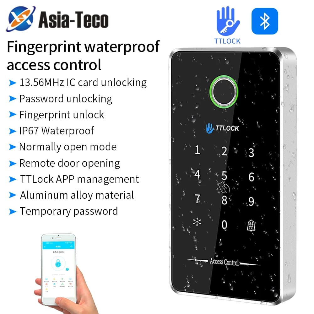Asia-Teco TTLOCK MJ02 Sistema di controllo accessi per porte con impronte digitali Apri cancello elettrico NFC Tastiera in metallo Scheda RFID 13,56 Mhz Impermeabile