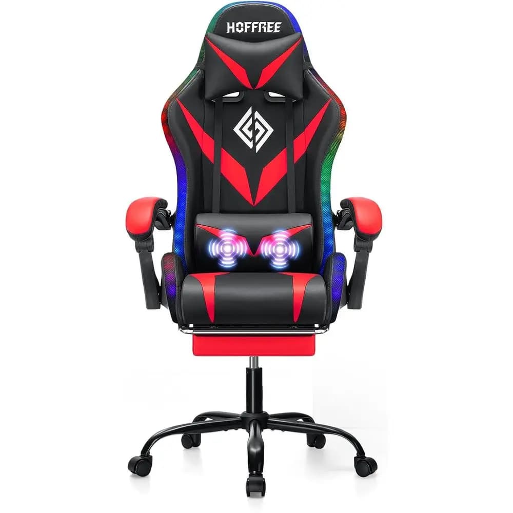 Sedia da Gaming Ergonomica Reclinabile con Schienale Alto, Luci LED RGB, Massaggio e Supporto Lombare Regolabile - Rossa e Nera