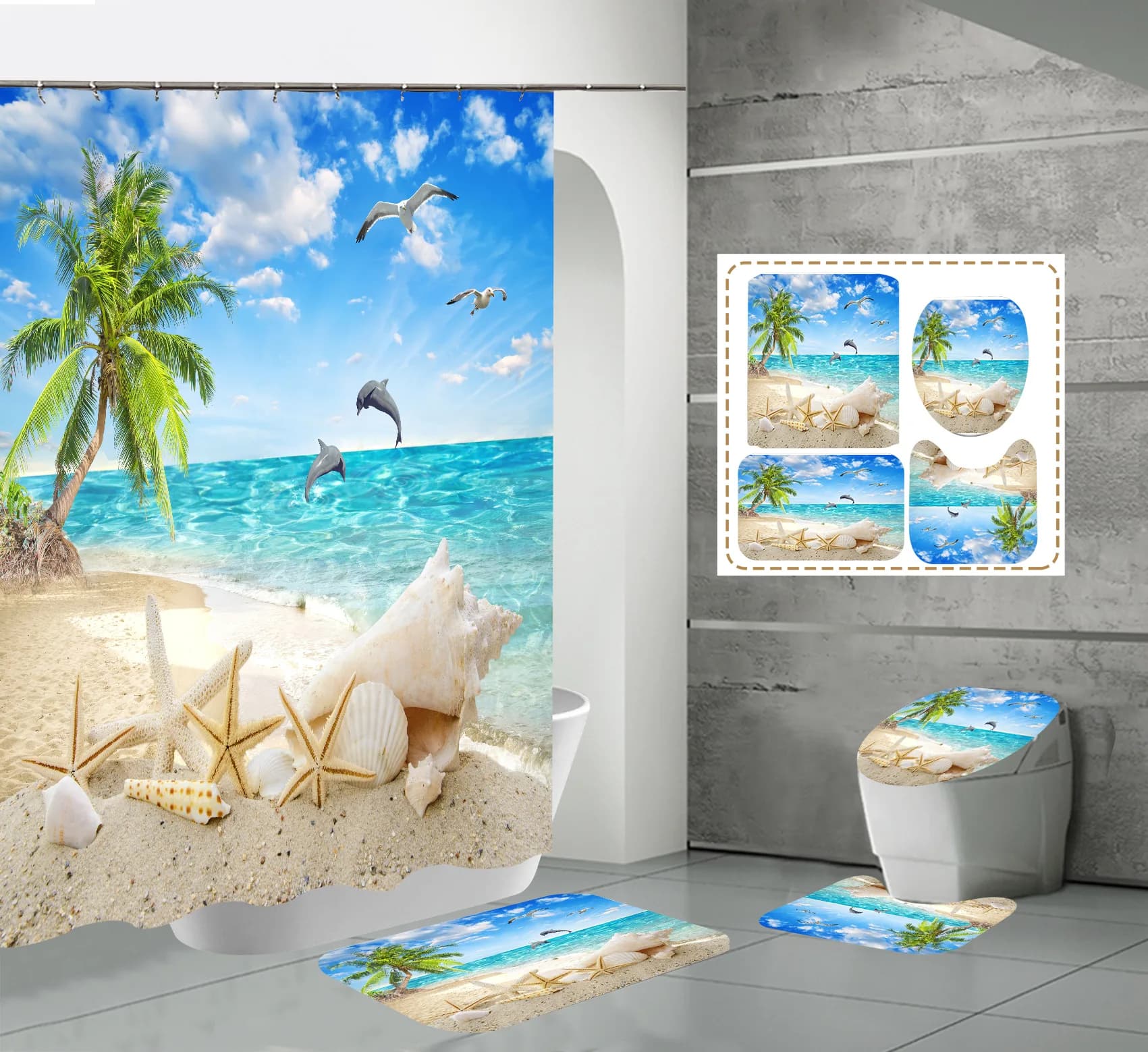 New Arrival 4 Pcs Novelty Design Eco-friendly Waterproof Polyester Shower Curtain Sets 3D Printed Bathroom