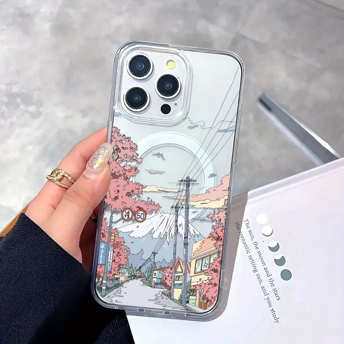 Cover per iPhone con motivo ciliegio Fuji per iPhone 17 16 15 14 13 12 11 Pro Xs Max Plus Air Mini XR X 17e 16e, compatibile con MagSafe