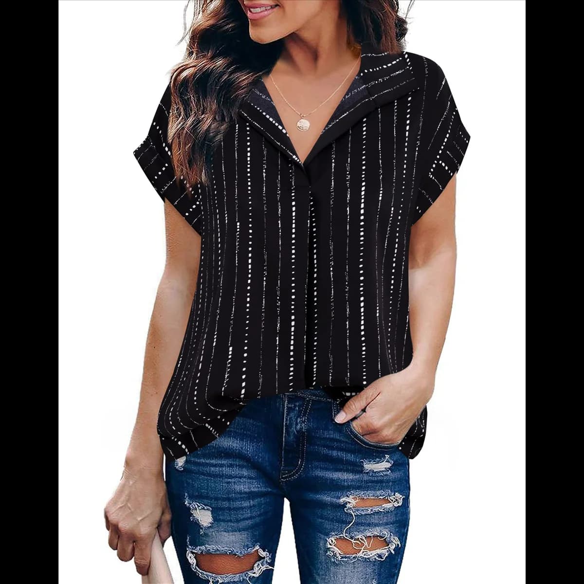 Camicetta da donna a maniche corte estiva Top elegante camicia a tunica da lavoro Camicette casual con colletto a bavero a righe