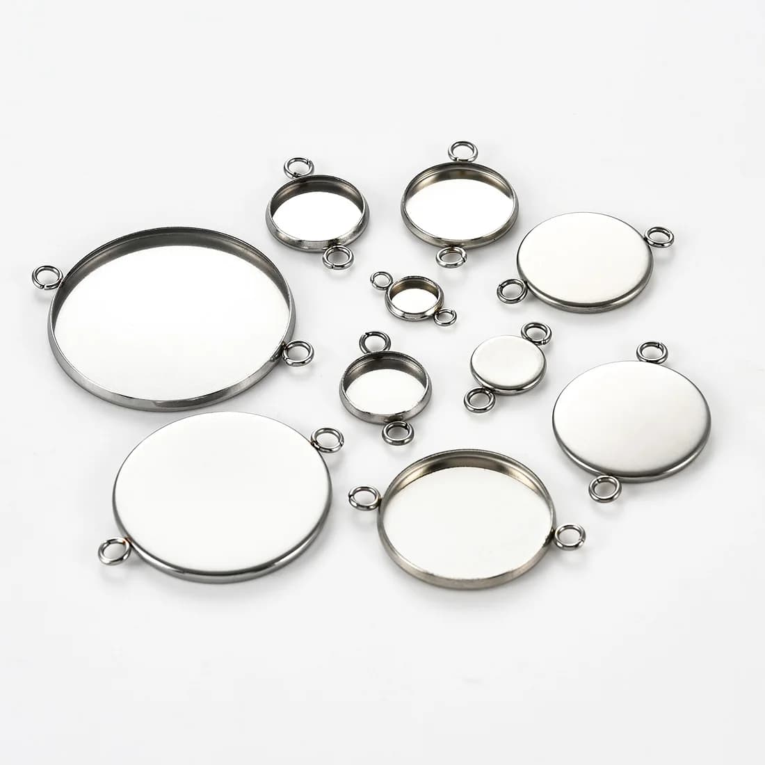 20Pcs Stainless Steel Round Pendant Tray Connectors with Double Loops Bezel Blank Links Earrings Bracelet Necklace DIY Findings